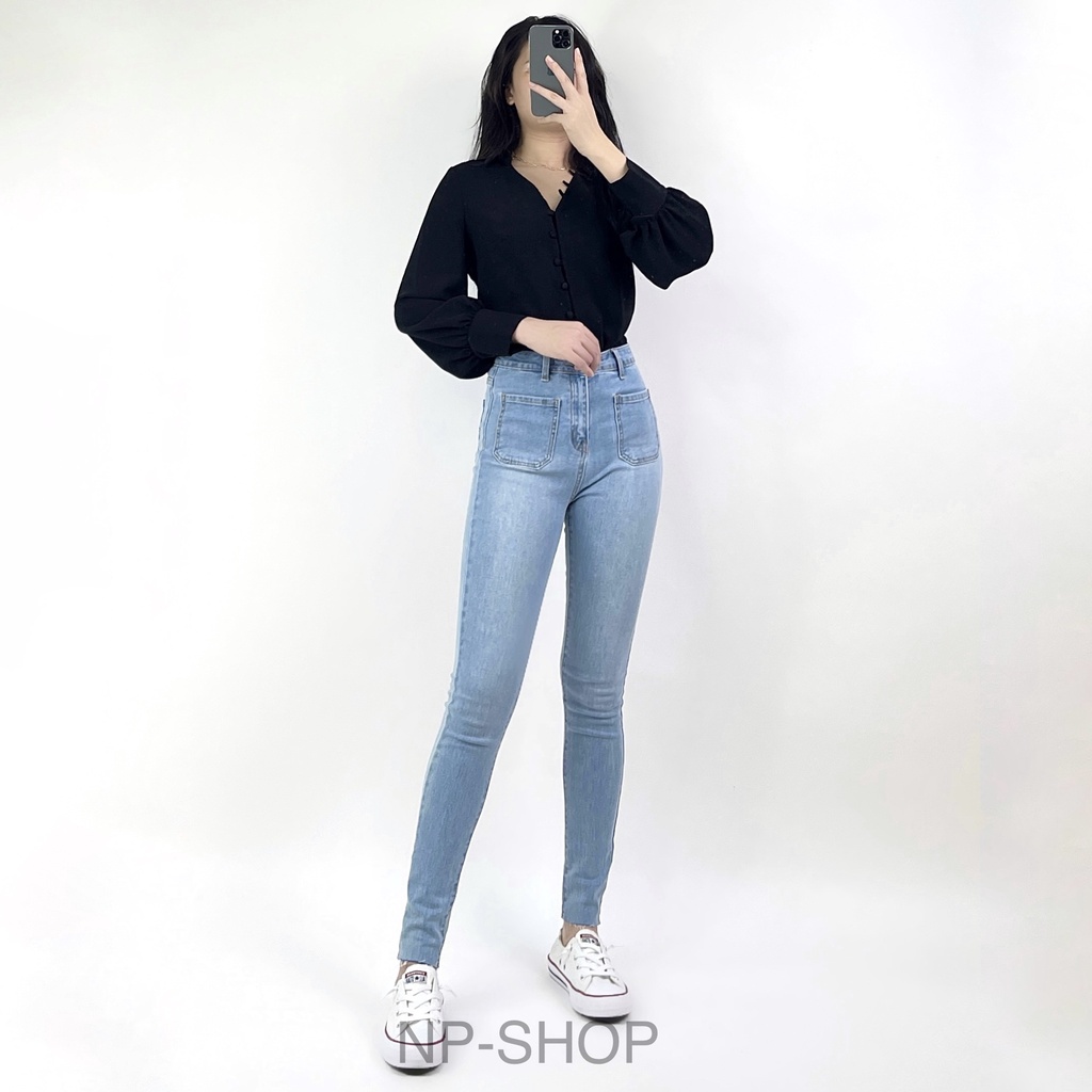 Quần jean skinny lưng cao túi vuông NPSHOP, quần skinny jeans form dài siêu tôn dáng NPQ032