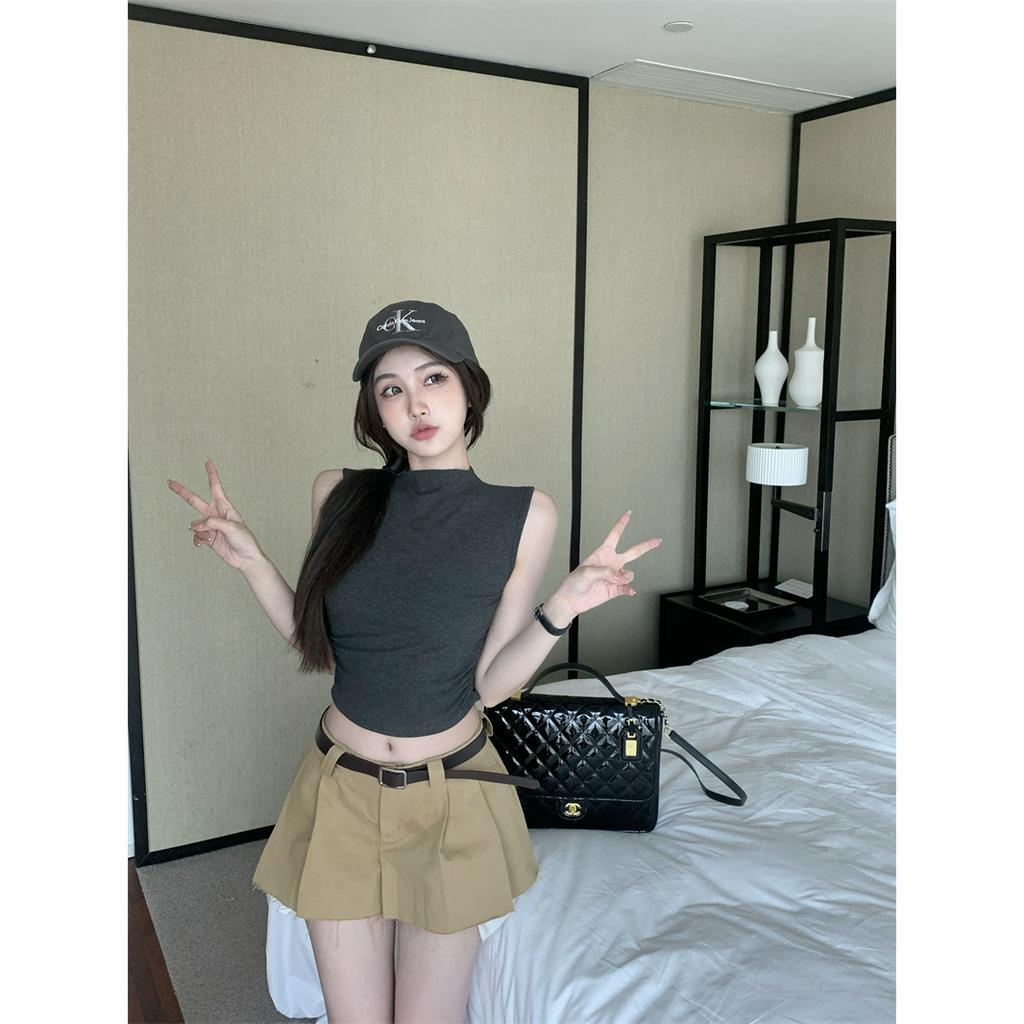 QADCOL Áo Thun Cotton Không Tay Cổ Cao Dáng Ôm Màu Hồng Thời Trang Mùa Hè Quyến Rũ Cho Nữ