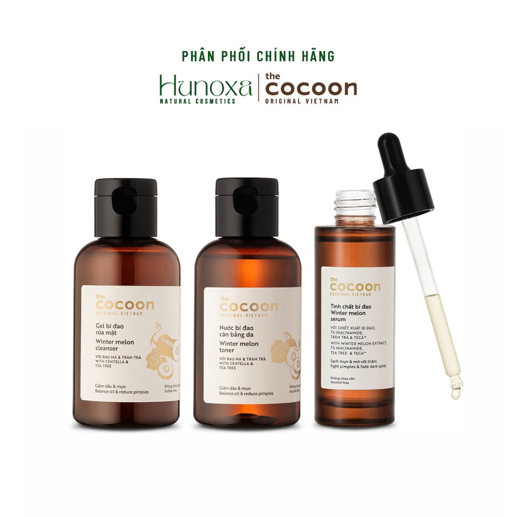 Combo gel rửa mặt, nước cân bằng và tinh chất bí đao Cocoon (Winter melon toner) 140ml chăm sóc da mụn cơ bản - HUNOXA