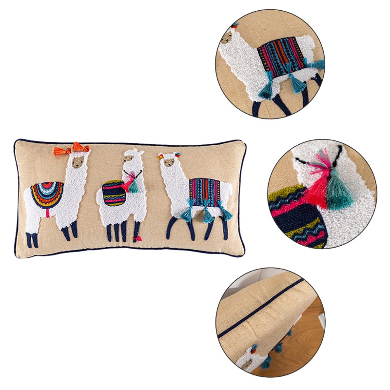 Aoto Vỏ Gối Thêu Hình Lạc Đà Alpaca Tua Rua Phong Cách Bohemian Cổ Điển
