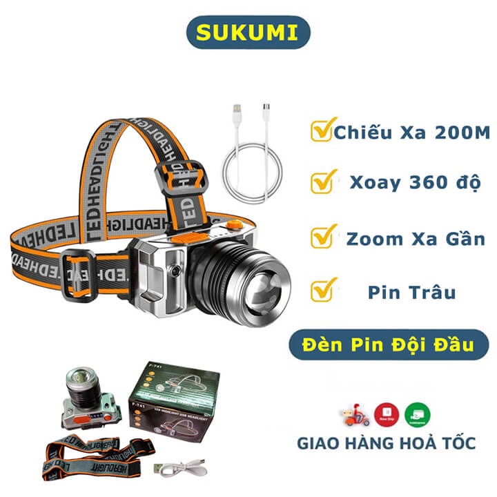 Đèn pin đội đầu 1 bóng siêu sáng chiếu xa 200m, chống thấm nước, 3 chế độ sáng có Zoom xa gần, đèn pin đeo trán