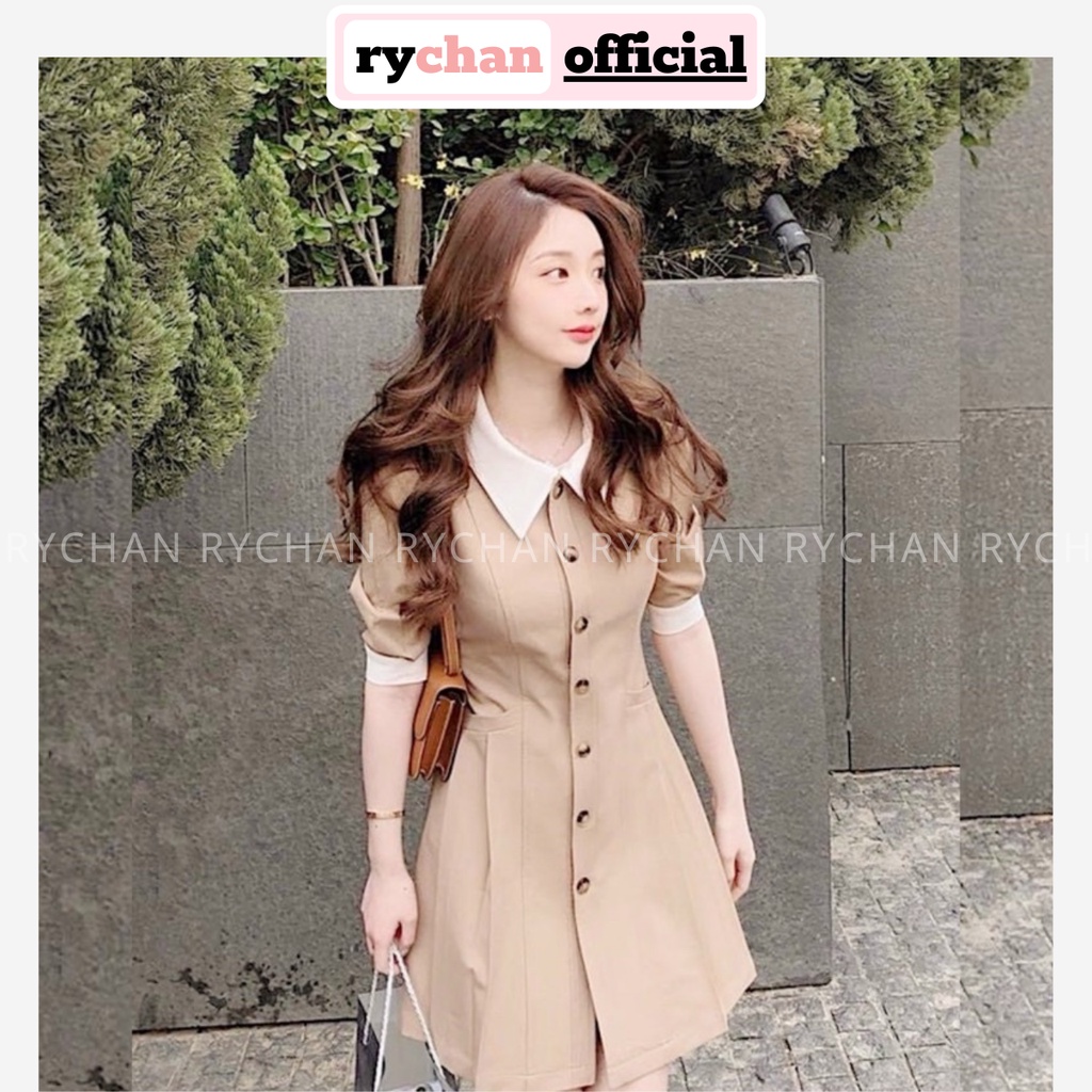 Đầm Nữ Dự Tiệc Form Ngắn Cổ Trắng Nút Đen Bo Eo Cực Đẹp, Đầm Kem Phối Viền Trắng Lạ Mắt [ẢNH THẬT CUỐI] - DX9775