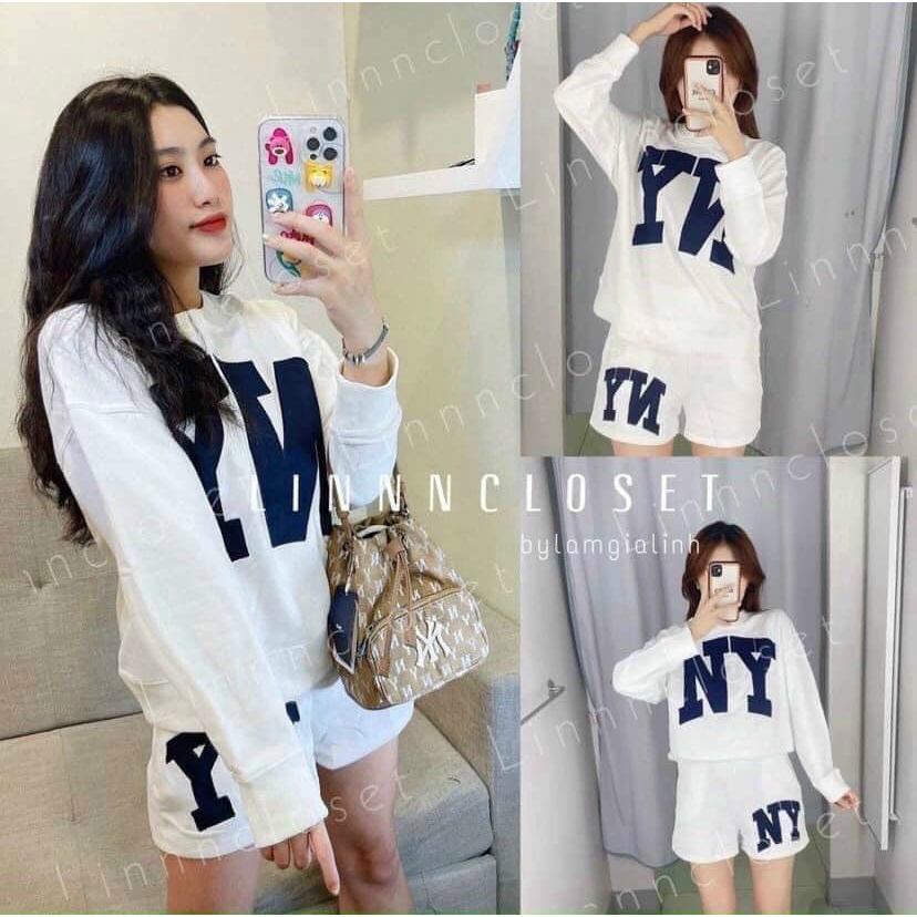 Bộ đồ nữ , Bộ Áo Trắng Dài Tay Quần Đùi Nữ Chữ N.Y Y Hot Trend 2021