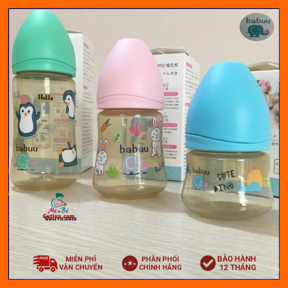 Bình sữa cổ rộng nắp sóng Babuu Baby nhựa PPSU không chứa BPA Nhật bản (tặng kèm 1 núm ti thay thế) 90ml,160ml,240ml