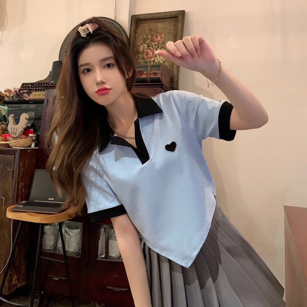 【ZHELIHANGFEI】 Áo Thun POLO Dệt Kim Ngắn Tay Phối Màu Tương Phản Cá Tính