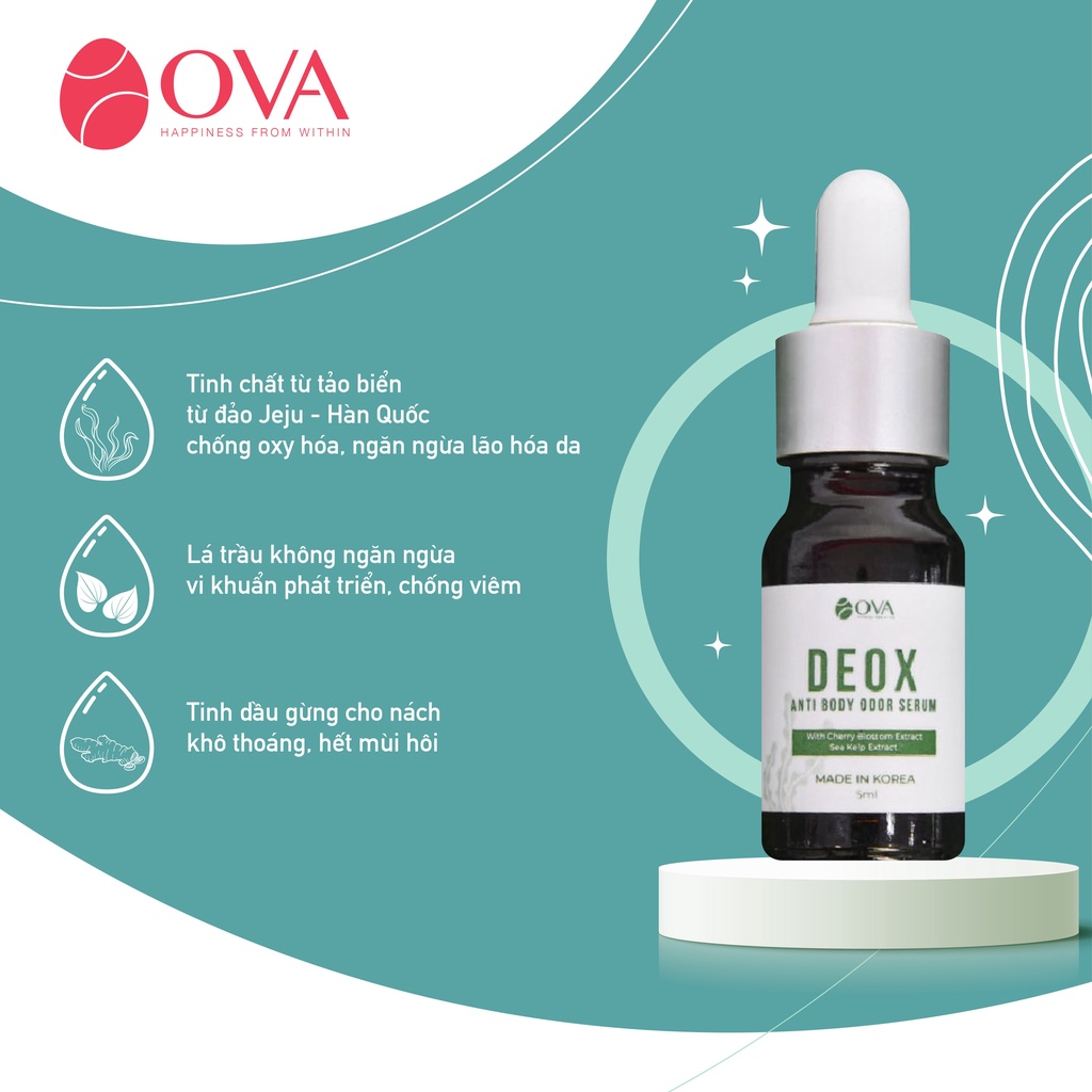 Serum khử mùi hôi nách Ova DeoX, ức chế tiết mồ hôi khô thoáng nách, làm sáng da vùng nách an toàn thiên nhiên 5ml