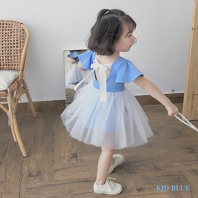 Đầm Công Chúa Tay Ngắn Cổ Tròn Phối Lưới Và Ruy Băng Kiểu Phương Tây Thời Trang Mùa Hè Cho Bé Gái