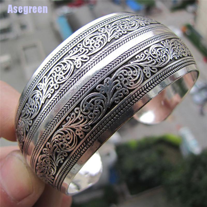 Vòng tay mạ bạc bản rộng phong cách Tây Tạng độc đáo cho nữ