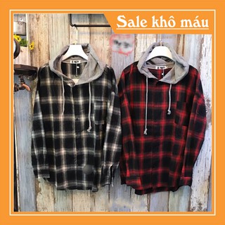 Áo Khoác Sơ Mi UNISEX Cao Cấp Sọc Caro Trắng Đen Phối Nón Đen -G065