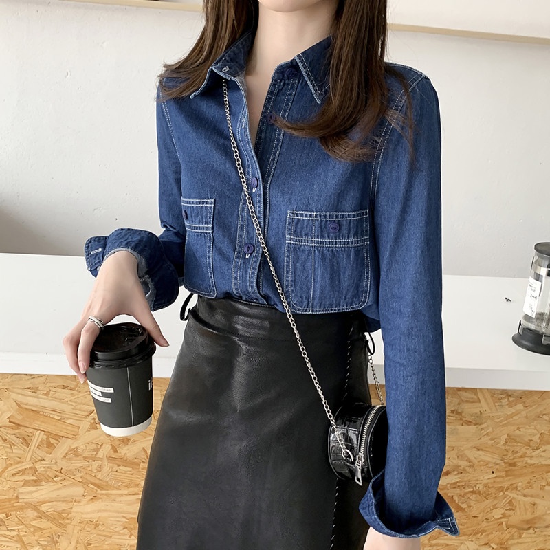 Áo Sơ Mi Denim Thời Trang Thu Đông Hàn Quốc 2020 Mới Dễ Phối Đồ Cho Nữ
