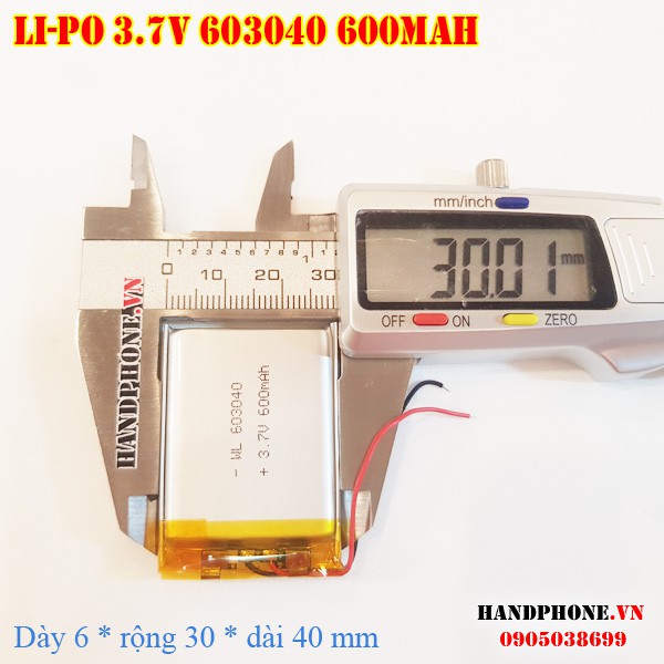 Pin Li-Po 3.7V 600mAh 603040 (Lithium Polymer) cho điện thoại, loa Bluetooth, định vị GPS, máy ghi âm, camera hành trình