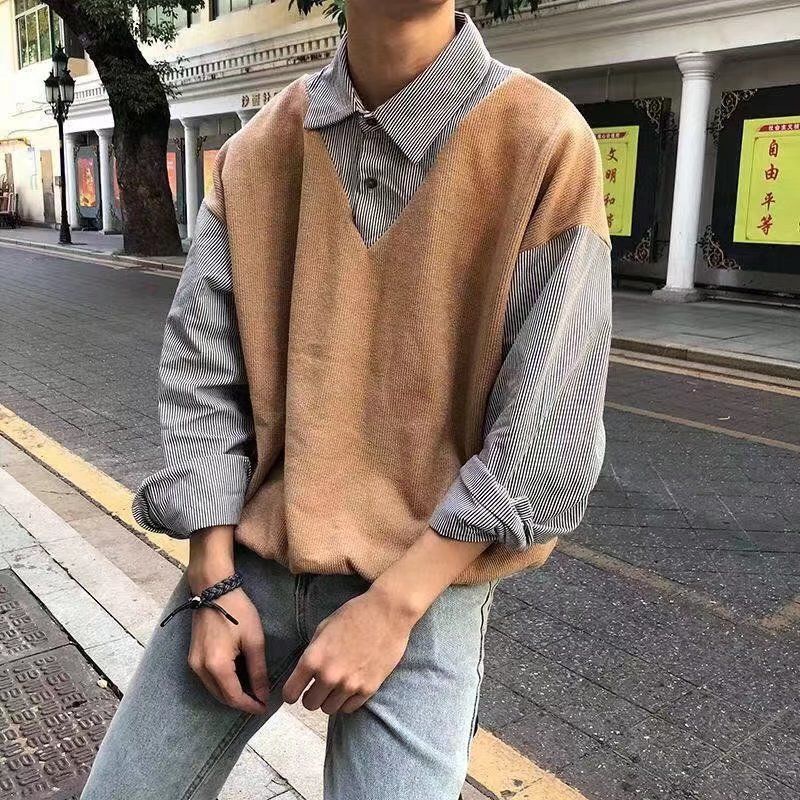 Áo Sweater Giả Hai Lớp Phong Cách Hong Kong Thời Trang Mùa Thu Cho Nam