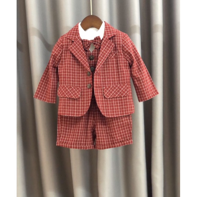 Bộ vest gile bé trai sang chảnh kèm nơ và khoác ngoài 7-15kg
