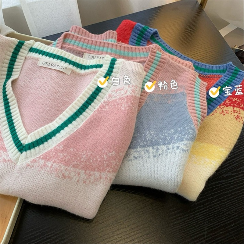 Áo Sweater Dệt Kim Sát Nách Dáng Rộng Kẻ Sọc Màu Cầu Vồng Dễ Phối Đồ Thời Trang Mùa