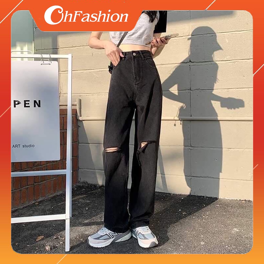 [SIÊU DÀI - SIÊU CHẤT] Quần Jean Nữ Ống Suông Rách Gối Màu Đen Chất Bò Dày Dặn Cao Cấp OHS3912