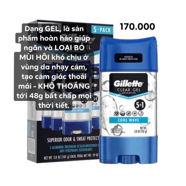 Lăn khử mùi nam GILLETTE Clear Gel Advanced 5in1 mát, thơm cực lâu, mùi thơm nam tính, sang trọng, không gây ố vàng áo