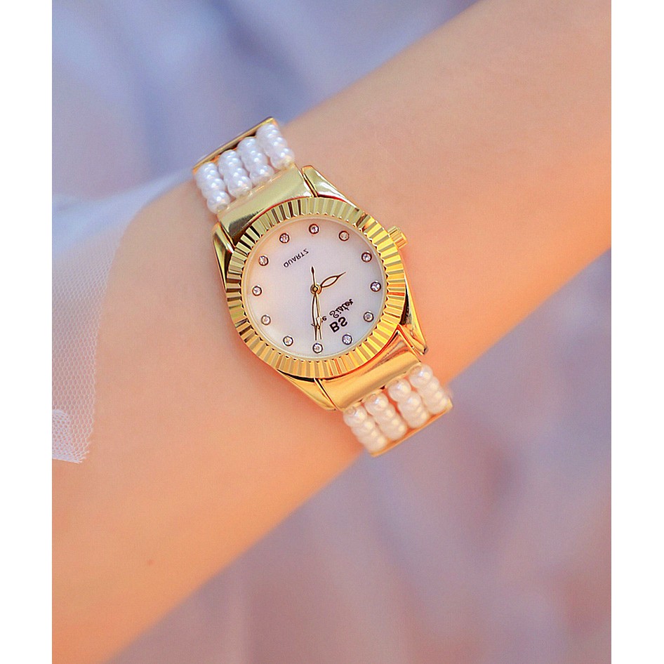 Đồng hồ nữ chính hàng Bee Sister cao cấp, dây ngọc trai và viền vàng, đính đá lấp lánh như kim cương | BigBuy360 - bigbuy360.vn