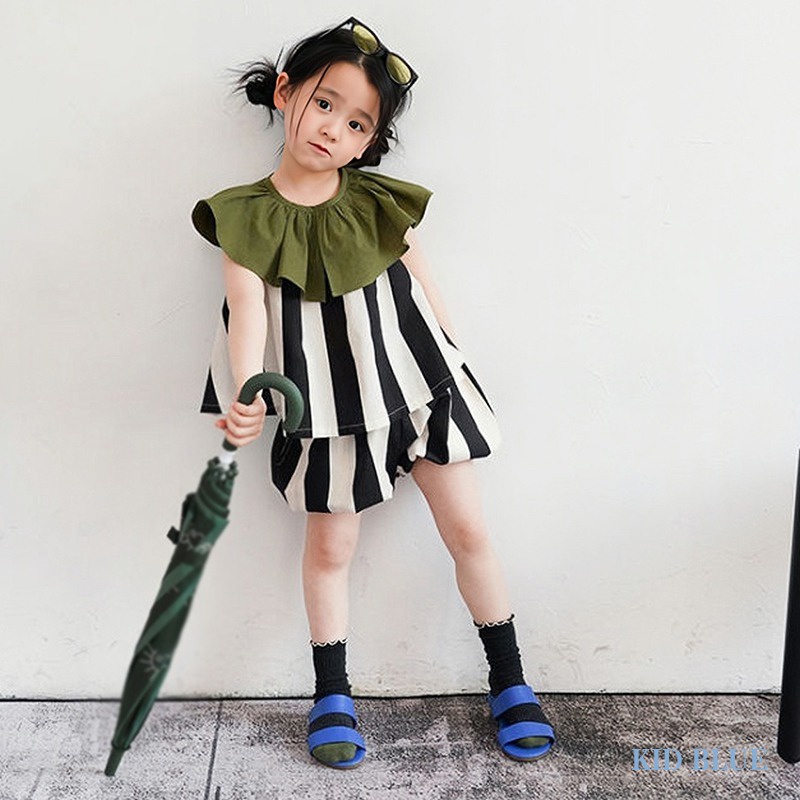 Bộ Áo Cổ Lá Sen Họa Tiết Kẻ Sọc + Quần Short Thời Trang Mùa Hè Phong Cách Hàn Quốc Cho Bé Gái