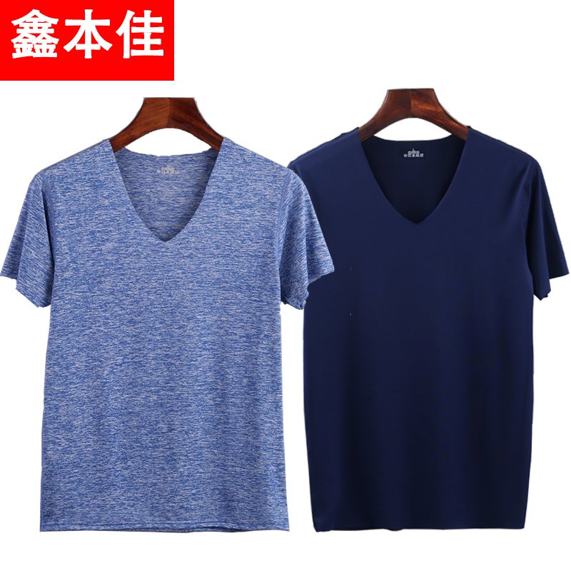 Áo Thun Lụa Lạnh Tay Ngắn Không Đường May Cổ Chữ V Size Lớn Dành Cho Nam
