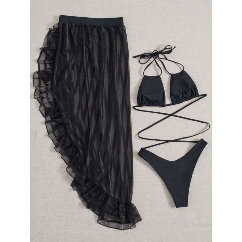 Bikini 3 Mảnh Váy Voan Bồng Bềnh xẻ Tà Xuyên Thấu Sexy