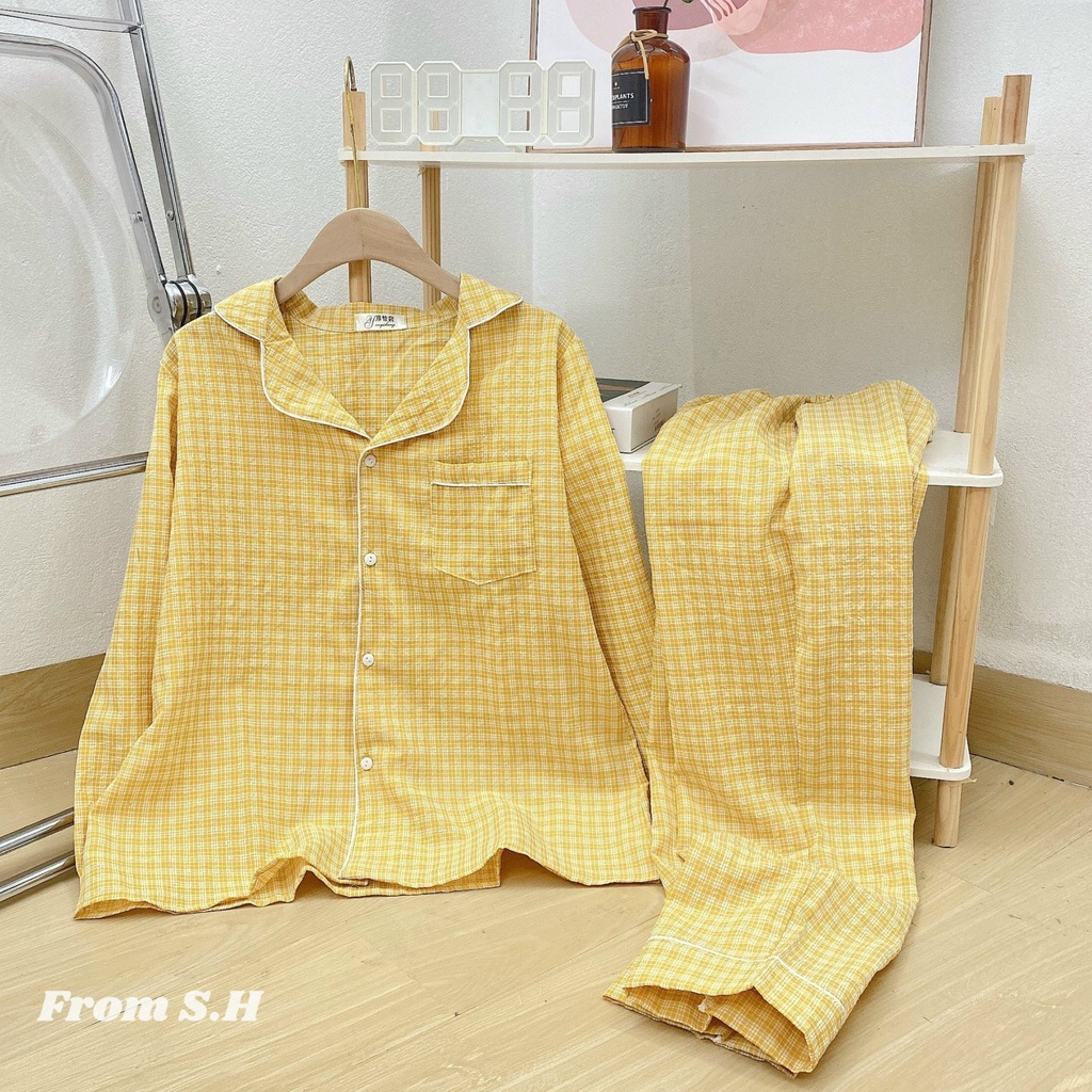 BỘ ĐỒ MẶC NHÀ DÀI TAY THÔ ĐŨI HỌA TIẾT KẺ CARO HOT THU ĐÔNG 2022