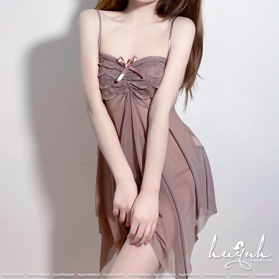 Váy ngủ sexy hai dây (dưới 1m6) đầm ngủ ren ngực gợi cảm - N08A