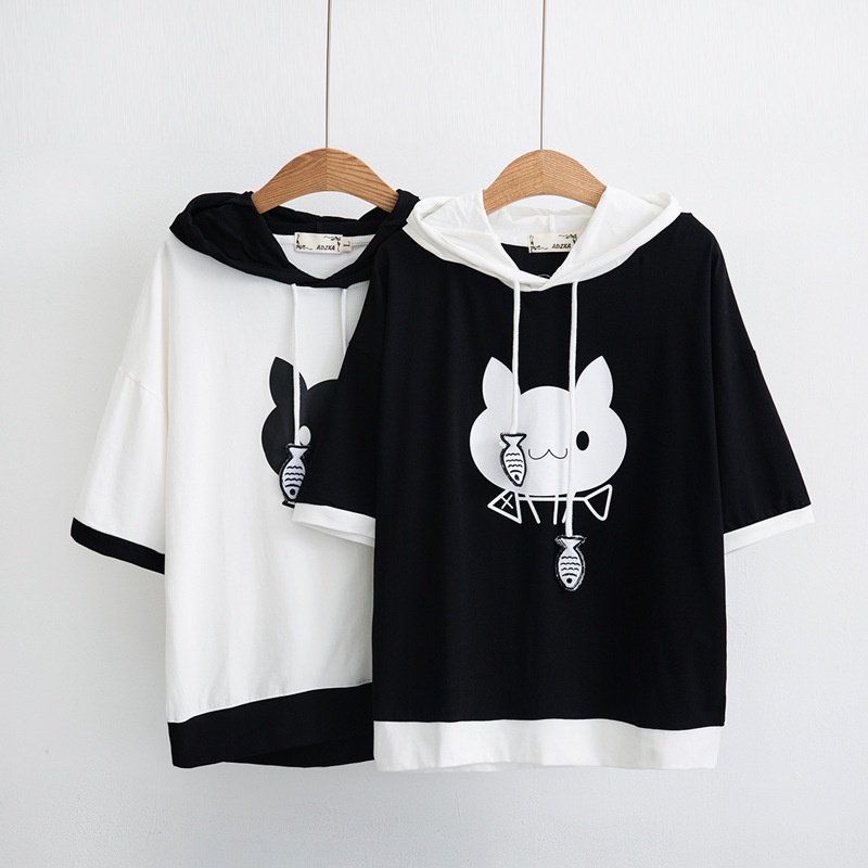 Áo Hoodie Ngắn Tay In Hình Xương Cá Màu Sắc Thời Trang