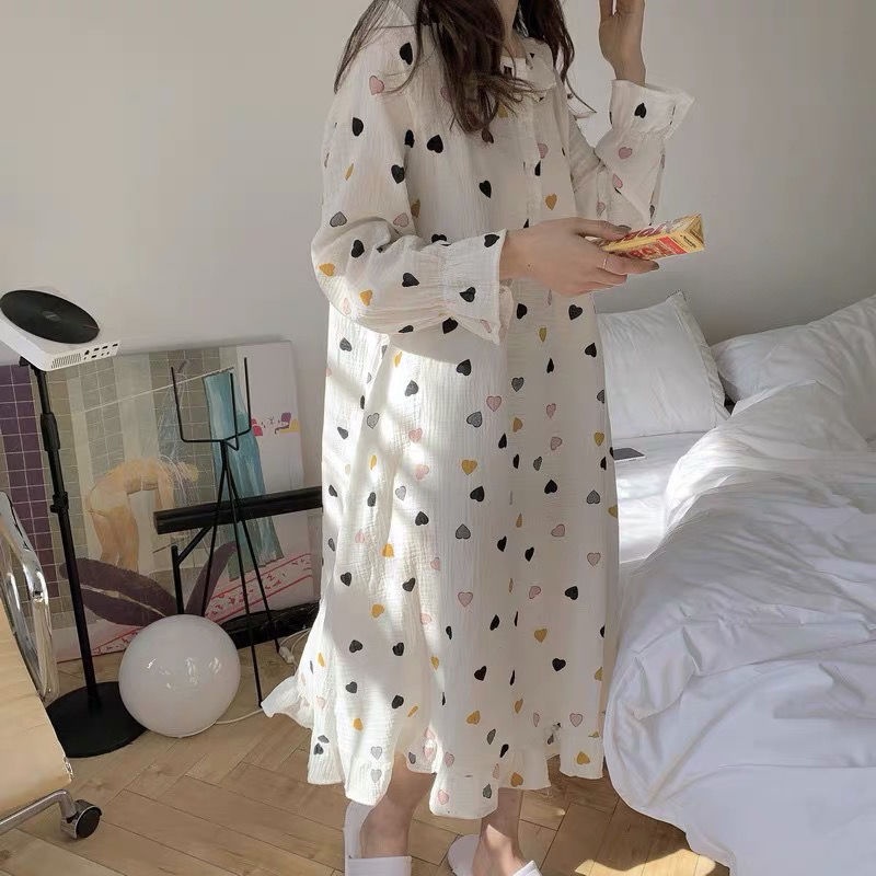 Đồ ngủ tay dài dáng rộng in họa tiết trái tim phong cách Hàn Quốc thời trang cho nữ