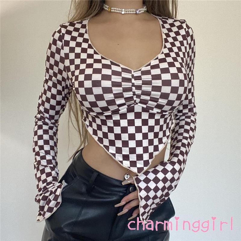 Áo croptop tay dài cổ chữ V in họa tiết caro thời trang cho nữ