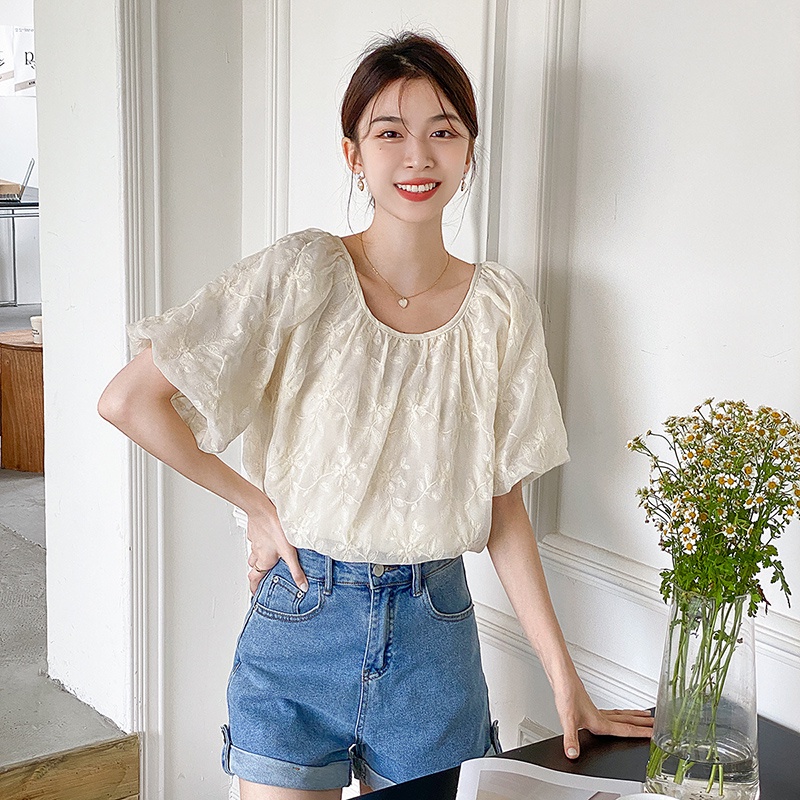 Áo Ren Cổ Tròn Thêu Họa Tiết Xinh Xắn Theo Phong Cách Retro Pháp 52852