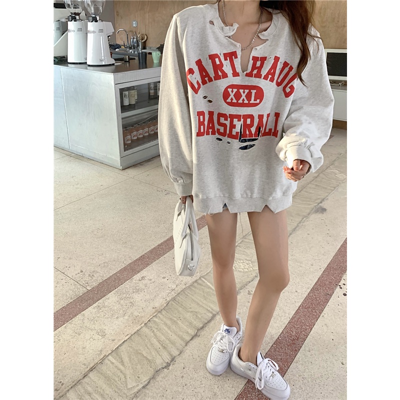 Áo len xám rách cổ chữ V dáng rộng thời trang mùa thu mới 2022