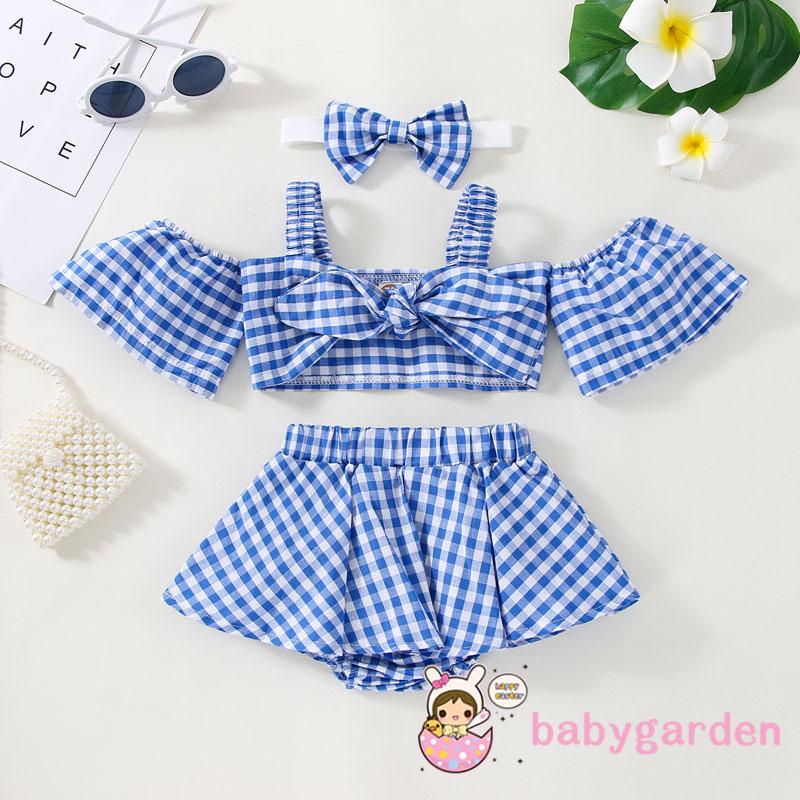 Set Áo Trễ Vai Tay Ngắn Kẻ Sọc Ca Rô + Chân Váy Thời Trang Hè Xinh Xắn Cho Bé Gái 0-3 Tuổi