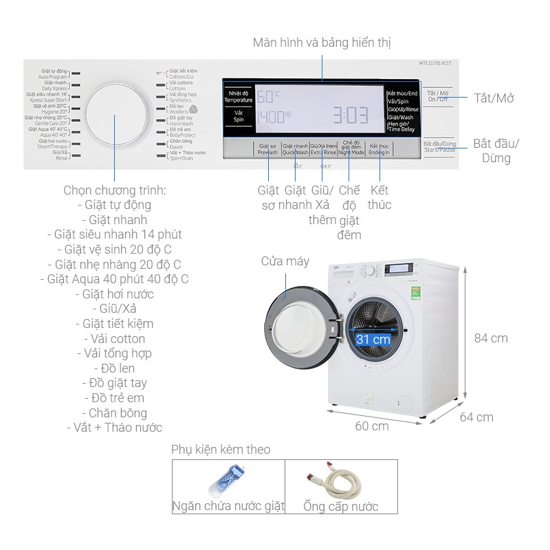 Máy giặt cửa trước Beko (Thổ Nhĩ Kỳ) 11kg WTE 11735 XCST Inverter (Hàng bỏ mẫu)