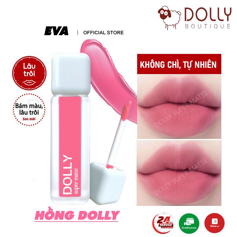 Son kem lì màu hồng Dolly super matte, son kem lì không chì bền màu lâu trôi, mua 2 cây tặng 1 hộp đựng cao cấp