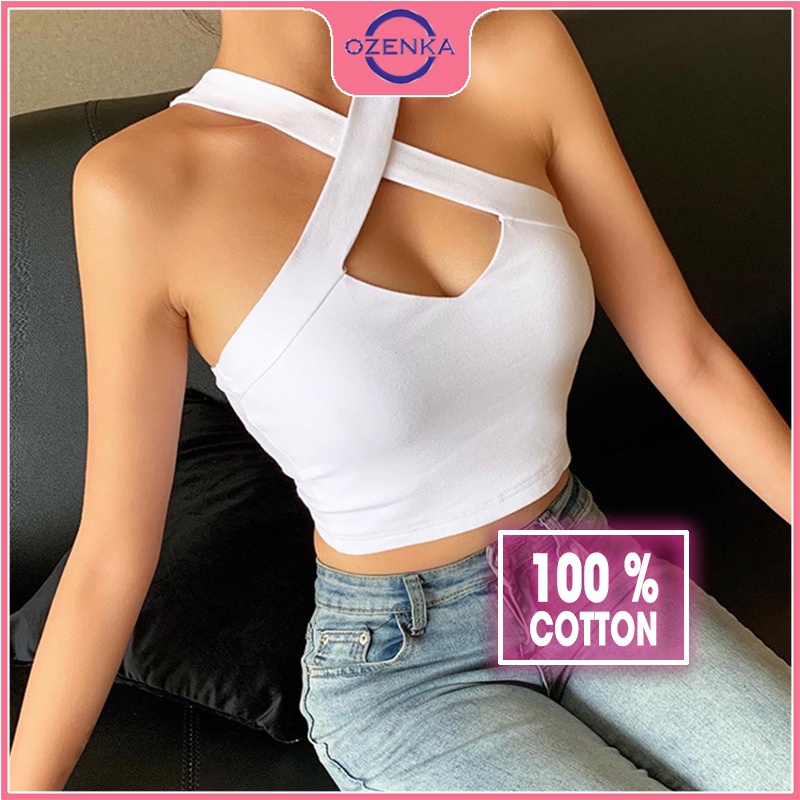 Áo 2 dây chéo croptop nữ OZENKA , áo sát nách nữ thun gân 100% cotton ôm body gợi cảm màu đen trắng freesize dưới 50 kg