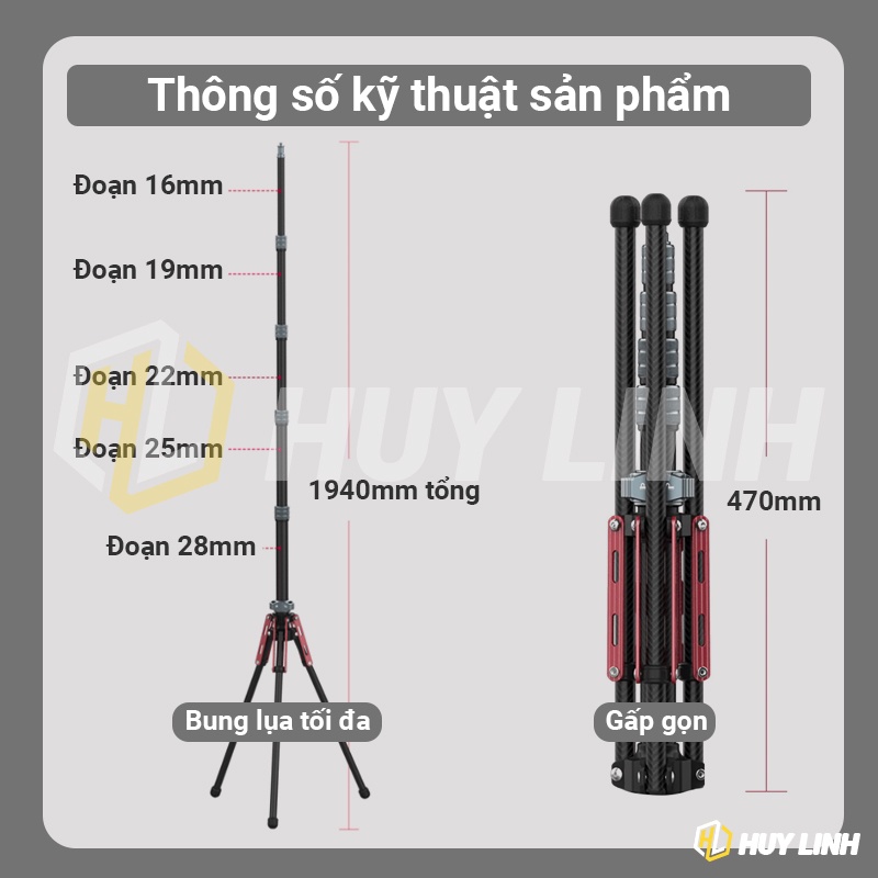 Ulanzi MT49 Tripod chuyên nghiệp Full Carbon - Chiều cao tối đa 2M gắn Đèn, Camera