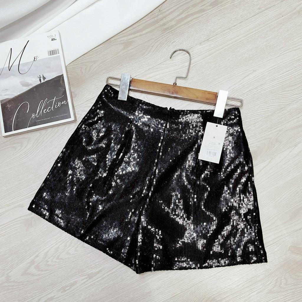 Quần short thời trang nữ lưng cao đính KIM SA ĐEN TUYỀN ống ánh đủ size dưới 55kg