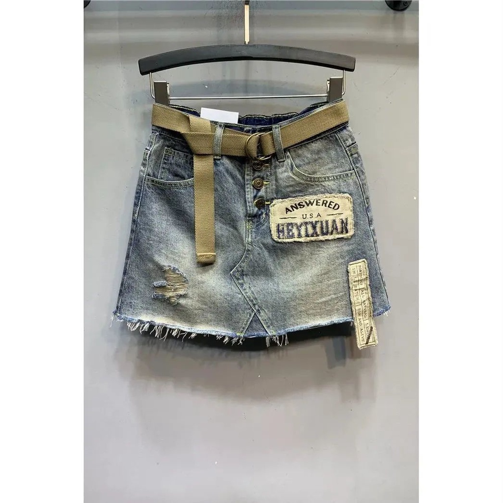 Jiashucheng Chân Váy Denim Chữ a Lưng Cao Rách Cá Tính Thời Trang Mùa Hè 2023 Phong Cách Mới