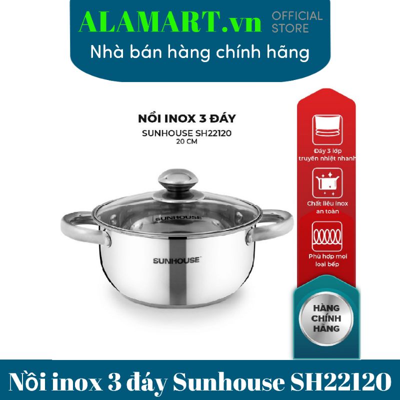 Nồi inox 3 đáy 20 cm Sunhouse SH22120 nồi inox nhỏ sữ dụng bếp từ