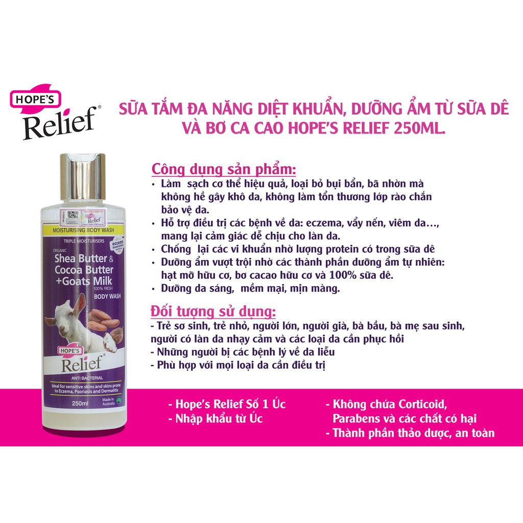 Sữa tắm sữa dê tươi, ca cao chăm sóc da khô ngứa, eczema, vảy nến Hope's Relife 250ml