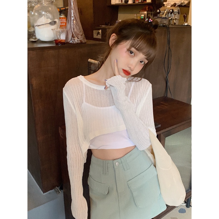 Porozi Áo croptop dệt kim tay dài thời trang phong cách Hàn Quốc cho nữ