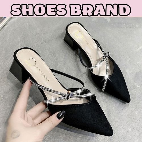 Sục nữ cao gót, giày sục đế vuông phối dây đính hạt xoàn thẳt kiểu - MÃ C05