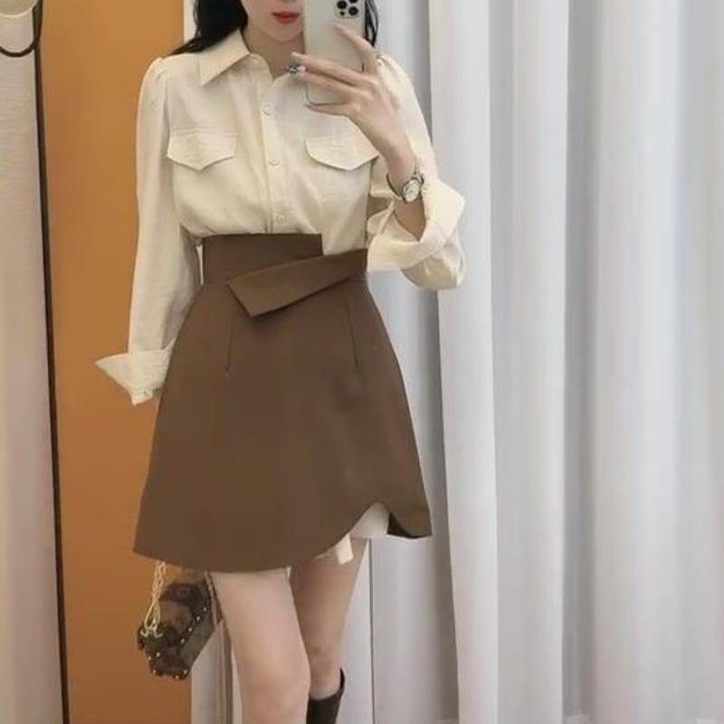 Set Áo Sơ Mi Và Chân Váy Thiết Kế Mới Thời Trang Theo Phong Cách Hàn Quốc