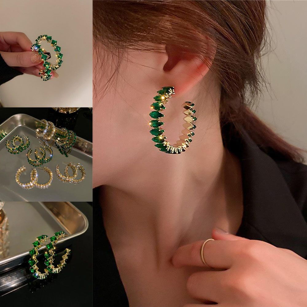 Khuyên tai dáng dài hình chữ C đính đá zircon màu xanh lá thời trang dự tiệc cho nữ