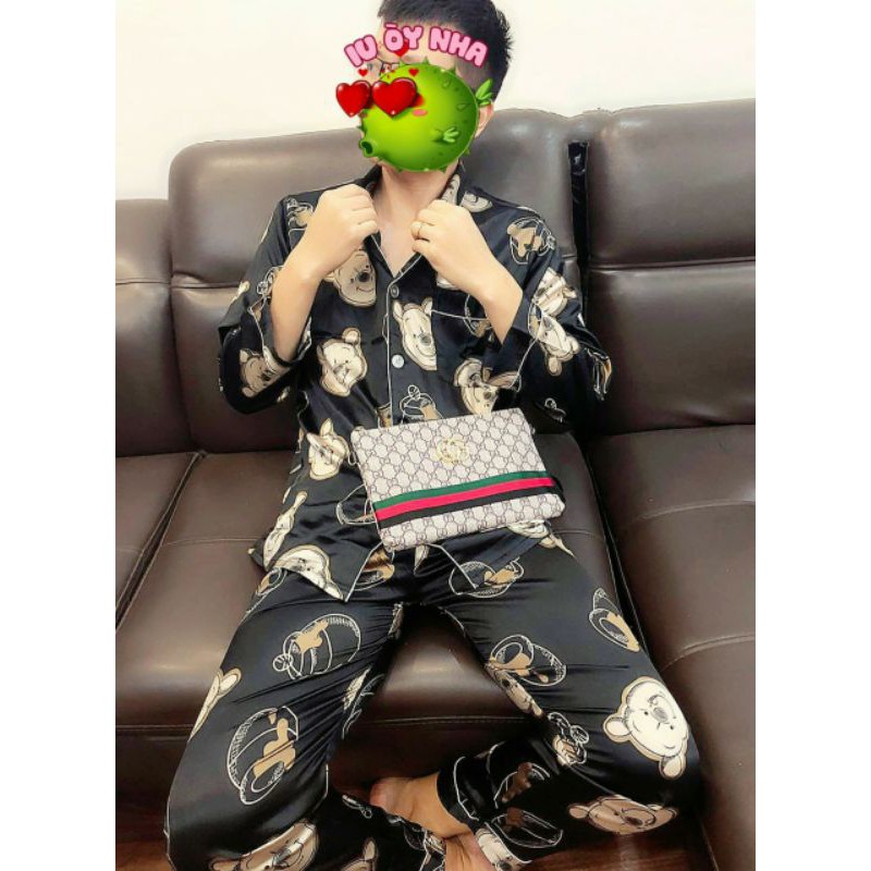 Bộ đồ ngủ pijama hoạ tiết gấu pooh lụa bóng nam nữ Bigbang Luxury Dành cho cặp đôi mặc nhà