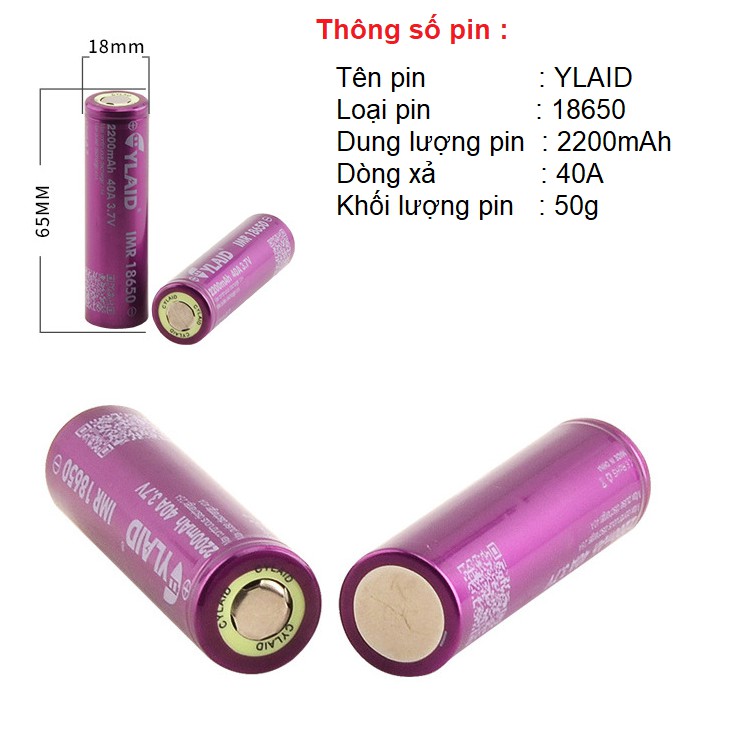 Pin cylaid 2200mah xả 40A pin sạc loại 3.7v 18650