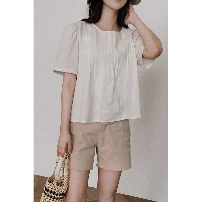 Áo kiểu cổ tròn tay ngắn xếp ly phong cách Hàn Quốc cho nữ 45359