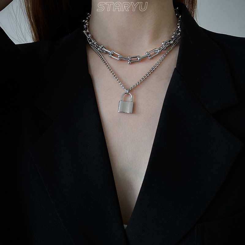Staryu Set 2 Vòng cổ Hai Lớp Mặt Ổ Khóa Nhỏ Unisex