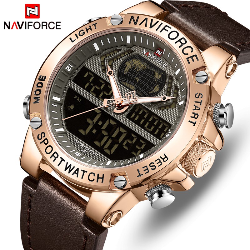 Đồng Hồ Điện Tử Nam NAVIFORCE 9164 Chống Nước Với Dây Đeo Da