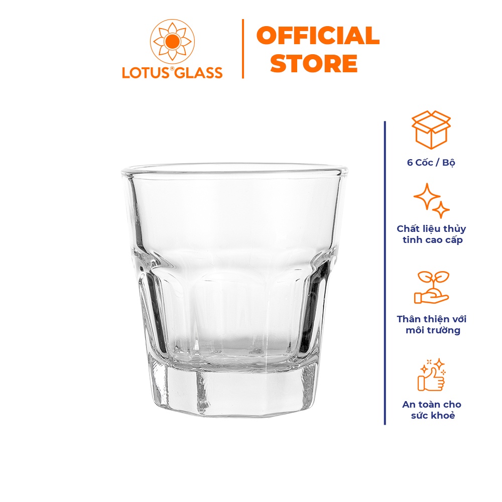 Bộ 6 cốc thủy tinh vát tám cạnh LOTUS GLASS VTC40x thấp trong suốt cao cấp, an toàn, dùng cho các loại đồ uống gia đình